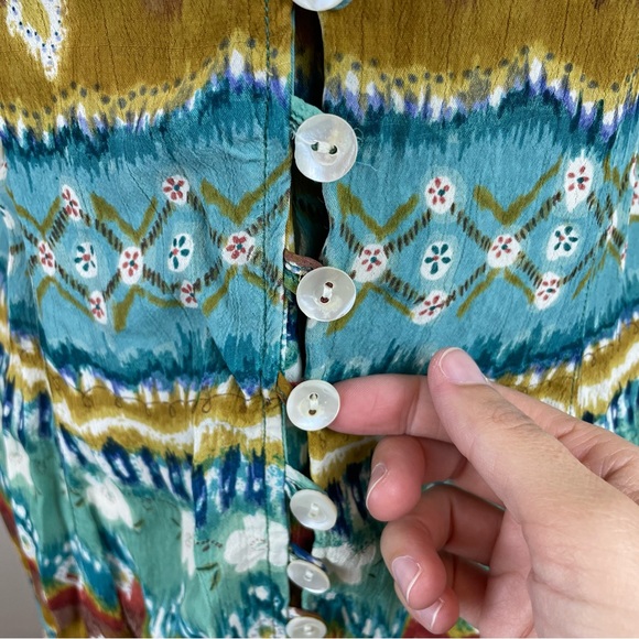 Phool Green Blue Brown Geometric Bohemian Button Front Boho Dress Women Medium - Picture 9 of 9